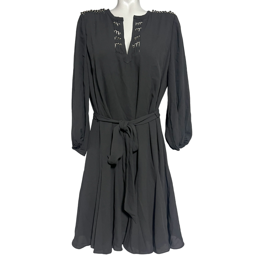NEW WHITE HOUSE BLACK MARKET WHBM BLACK BEADED GODET DRESS SZ 14 - Picture 3 of 12